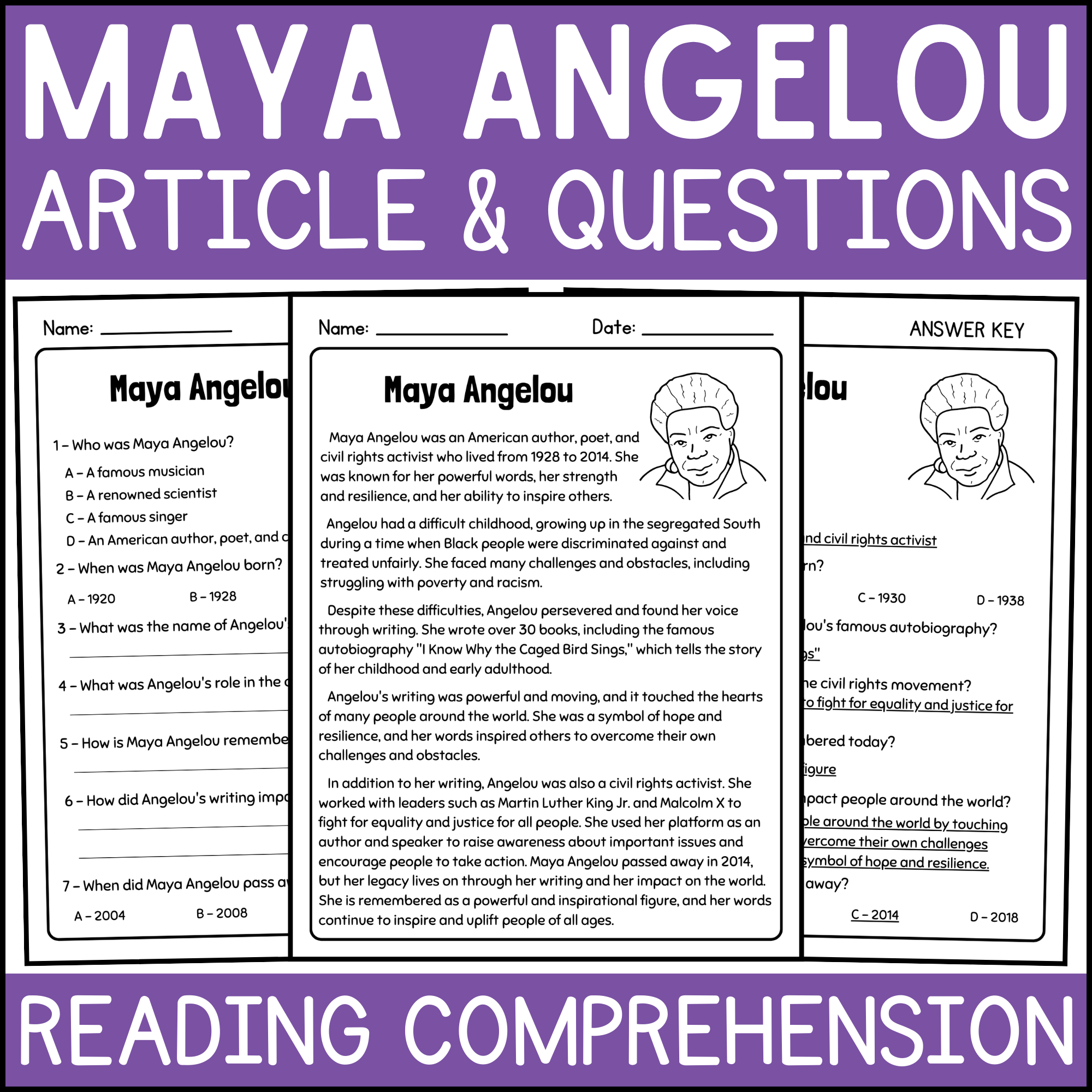 Maya Angelou Article And Reading Comprehension Questions Women s History Month