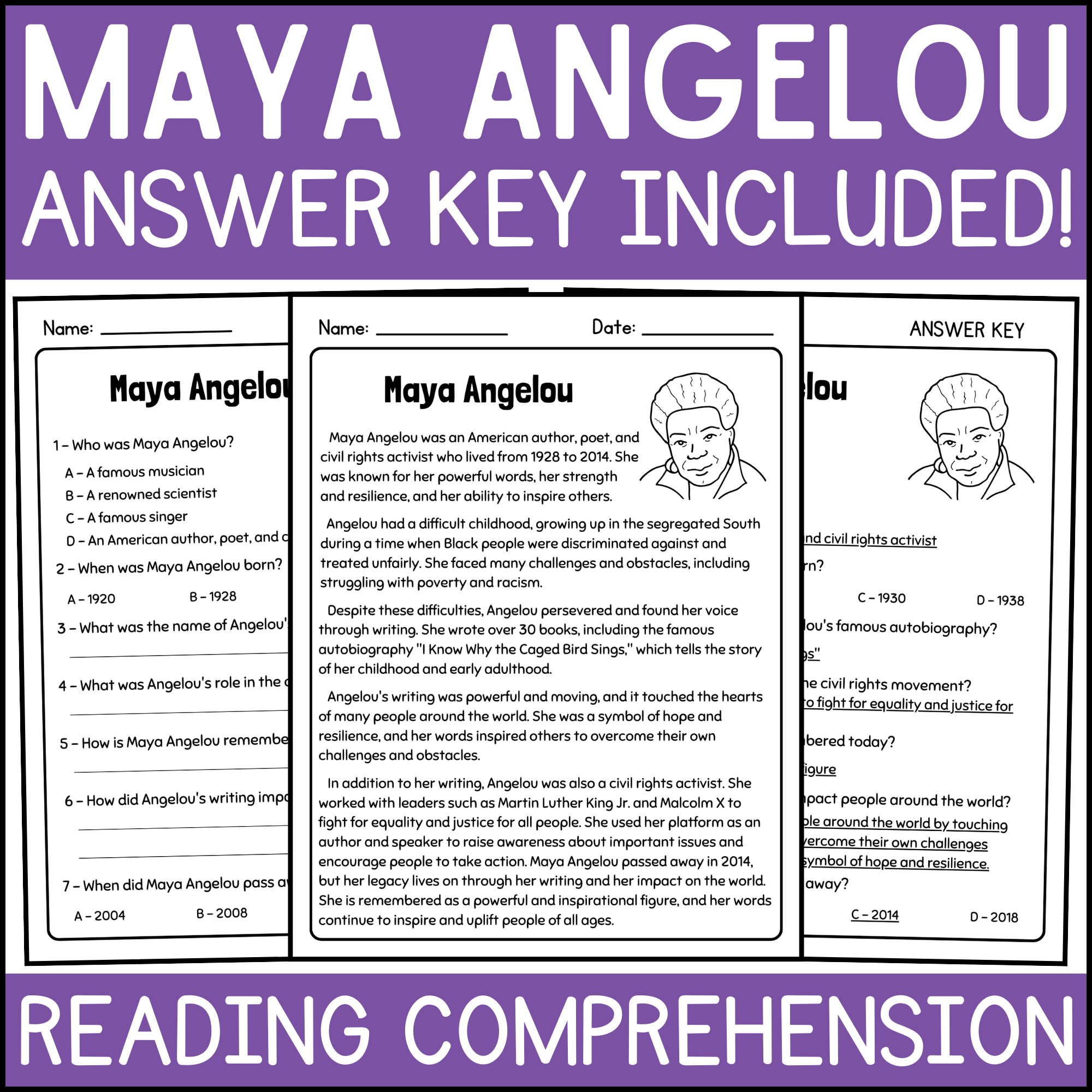 Maya Angelou Article And Reading Comprehension Questions 
