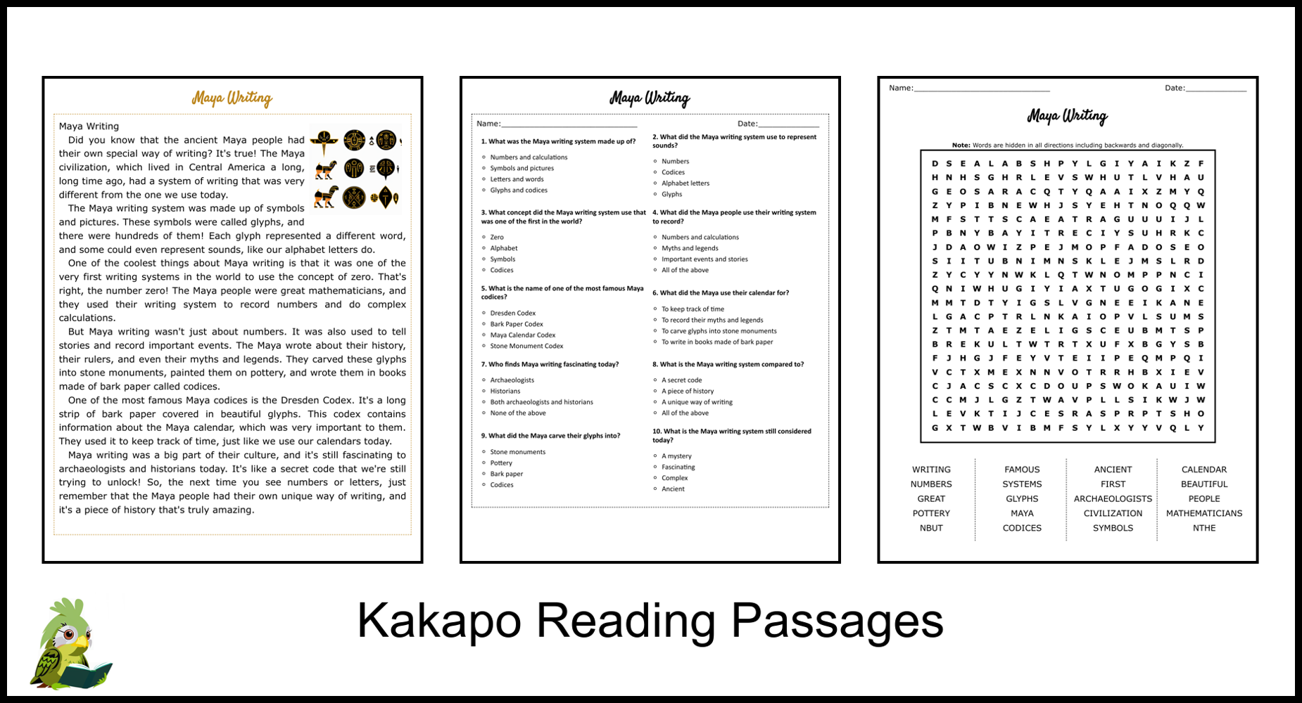 Maya Reading Comprehension Worksheets