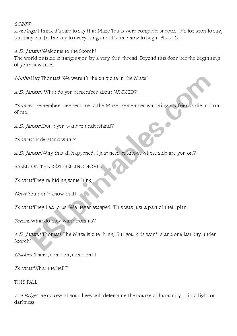 Maze Runner The Scorch Trials Trailer Activity ESL Worksheet By Kras9
