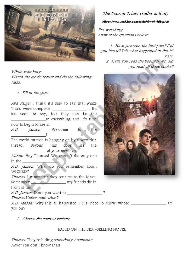Maze Runner The Scorch Trials Trailer Activity ESL Worksheet By Kras9