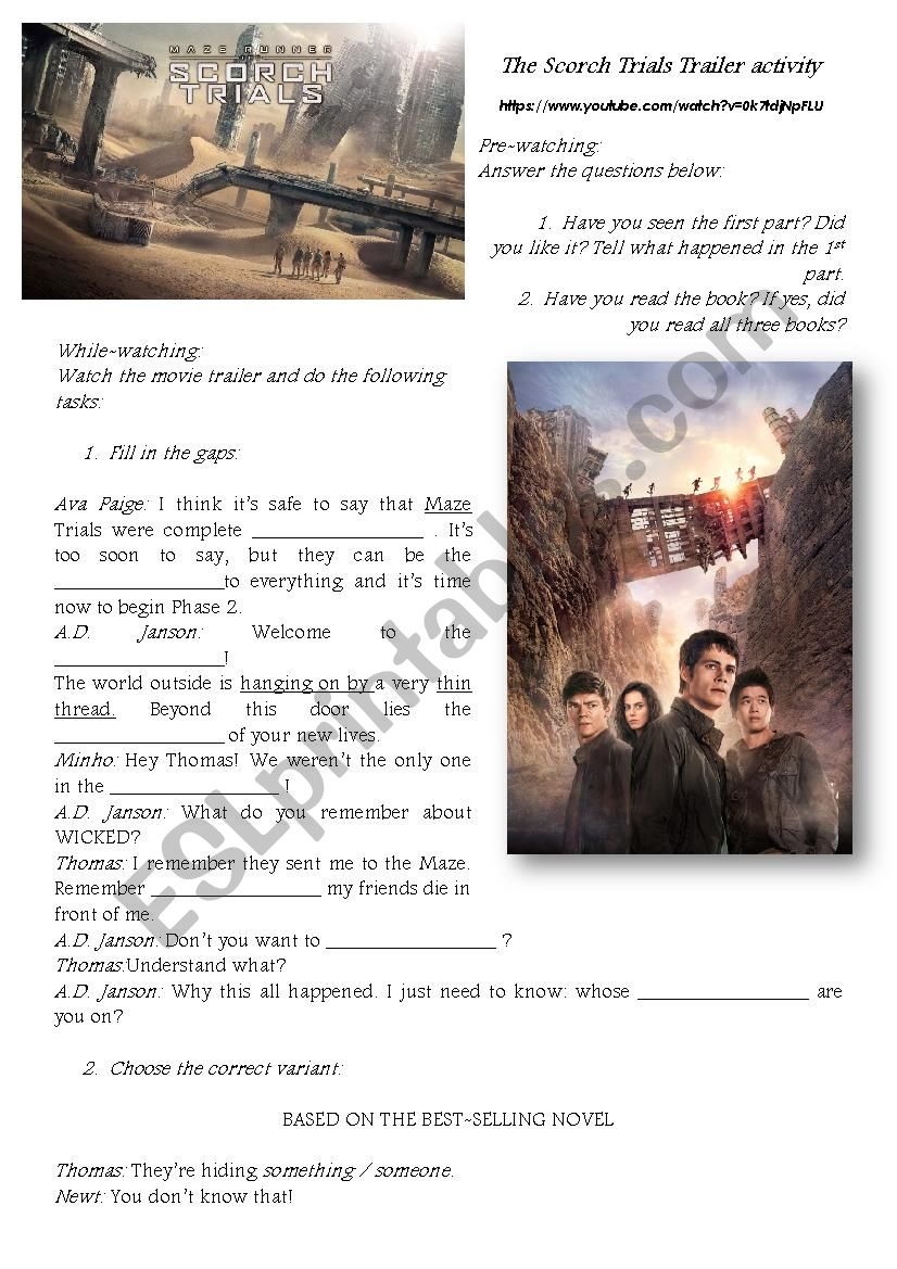 Maze Runner The Scorch Trials Trailer Activity ESL Worksheet By Kras9
