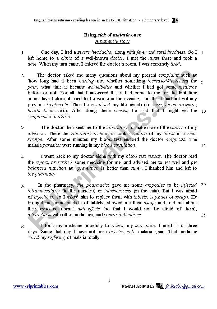 Medical English Passage With Activities And Answer Keys ESL Worksheet By Alkwassir