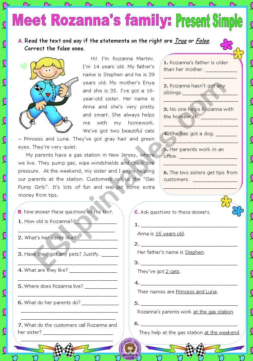 Reading Comprehension Simple Present Worksheet