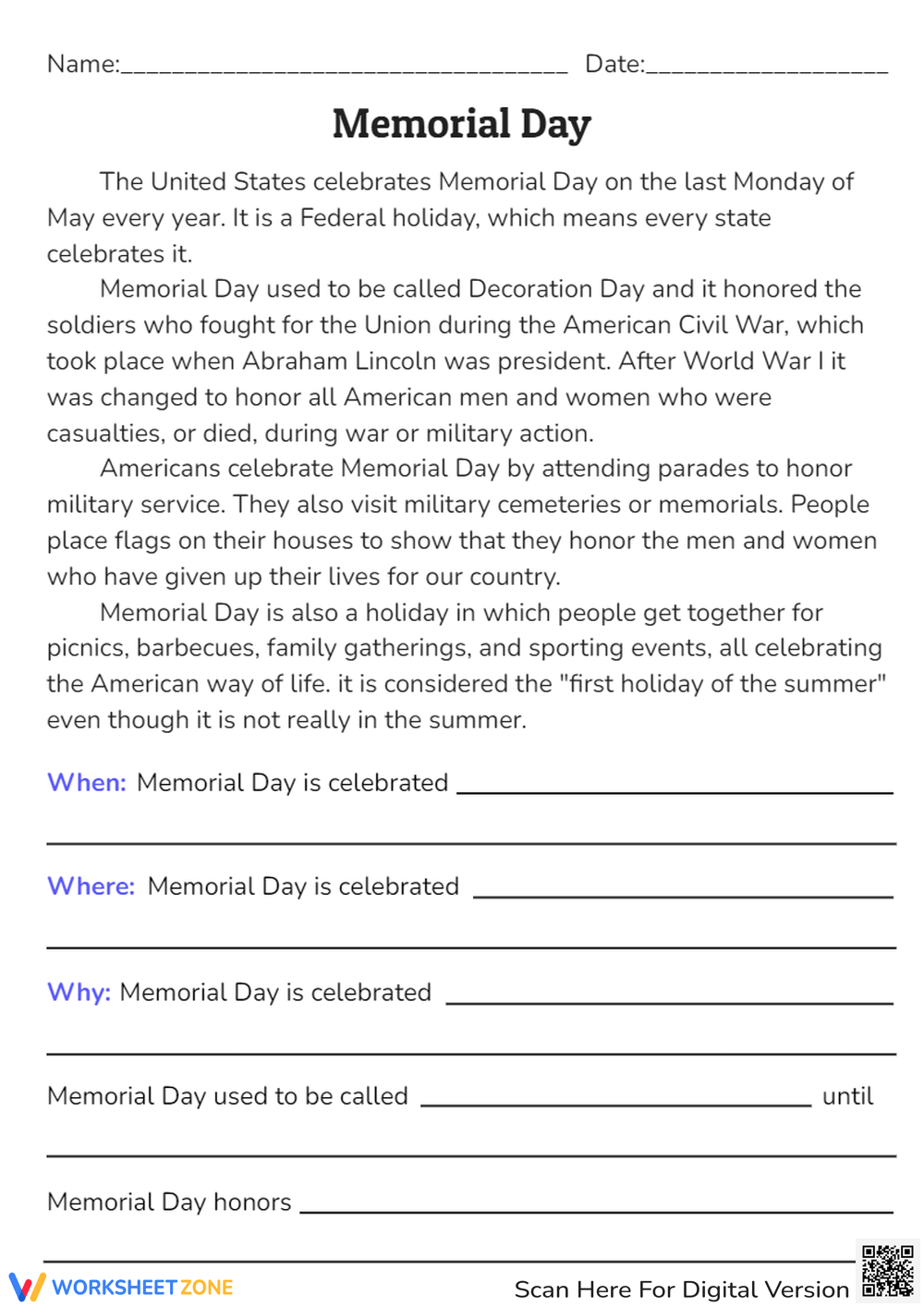Memorial Day Reading Comprehension Worksheets Pdf
