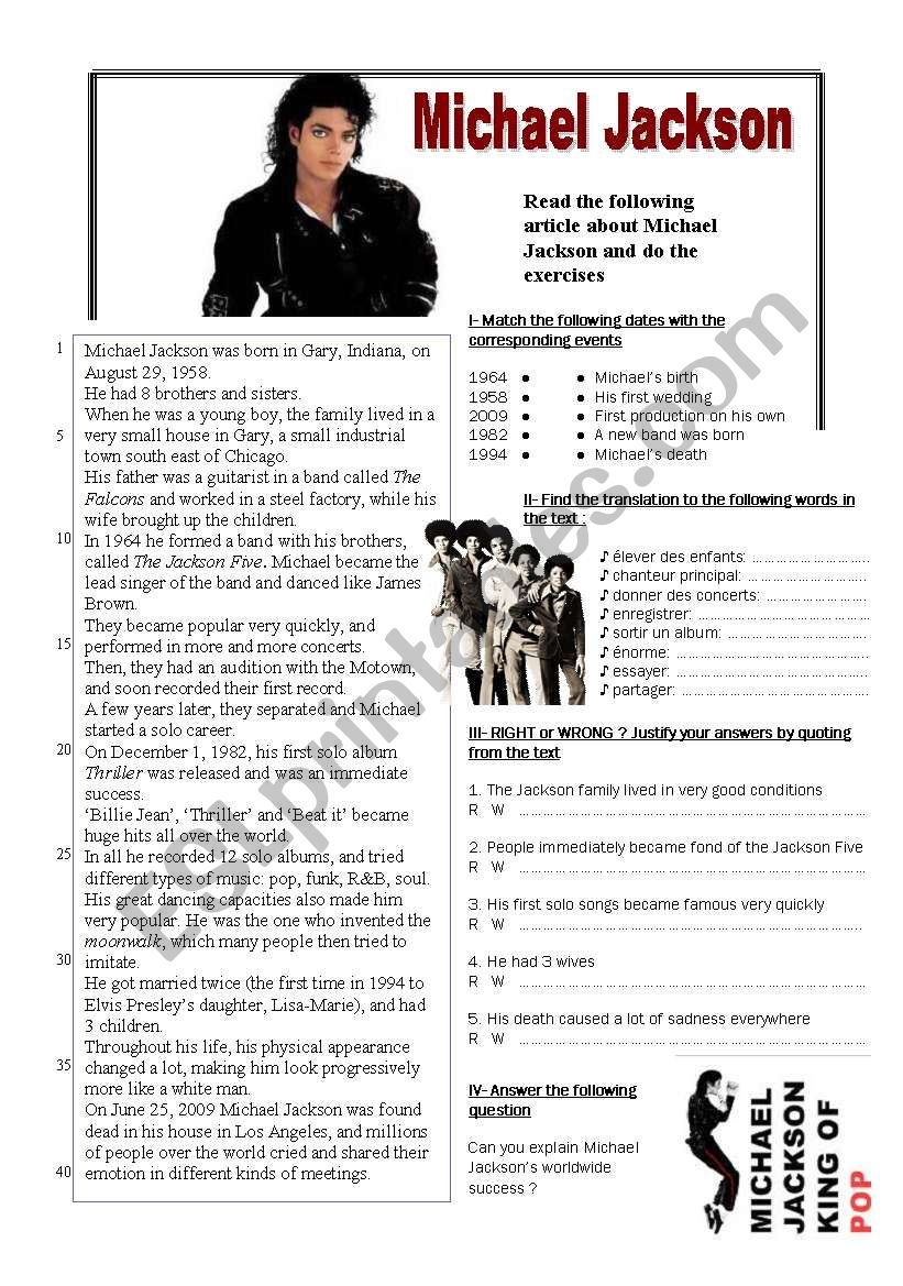 Michael Jackson ESL Worksheet By Minie