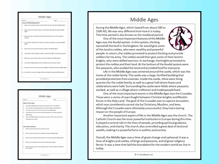 Middle Ages Reading Comprehension Passage Printable Worksheet Teaching Resources