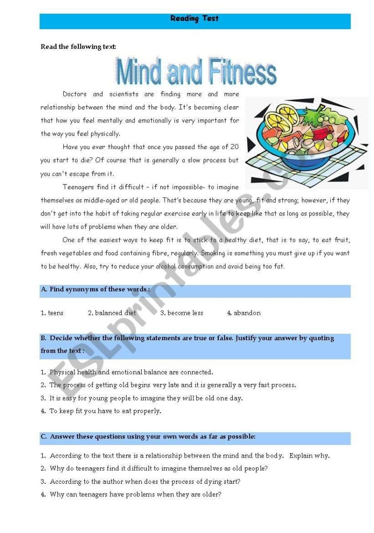 Mind And Fitness Reading Test ESL Worksheet By Ana B