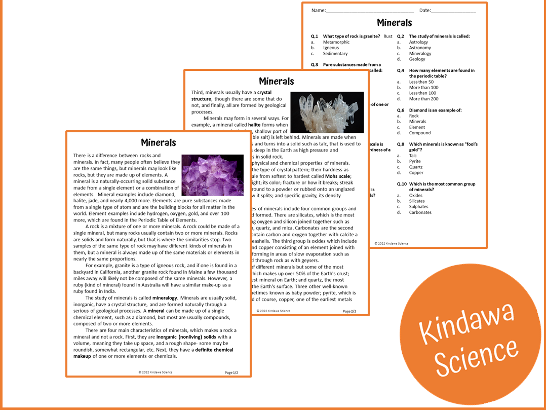 Minerals Reading Comprehension Passage And Questions PDF Teaching Resources