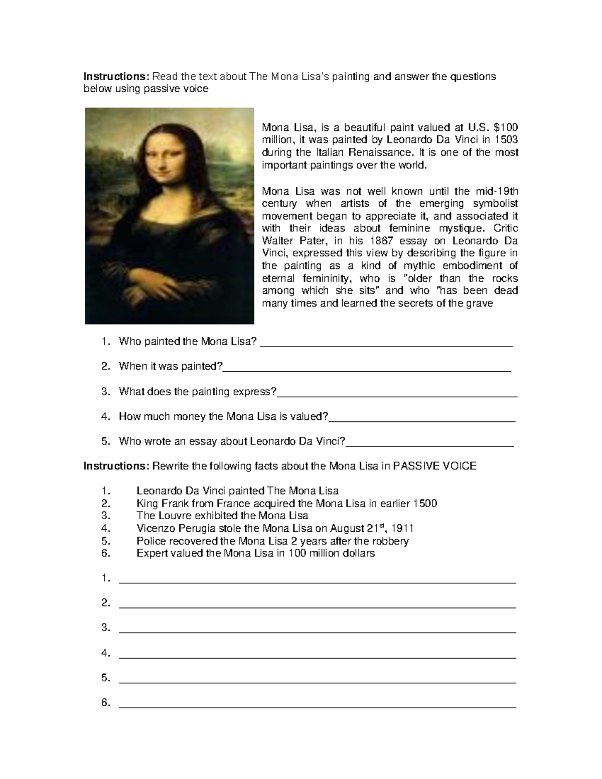 Mona Lisa Reading Activity Instructions Read The Text About The Mona Lisa s Painting And Answer Studocu