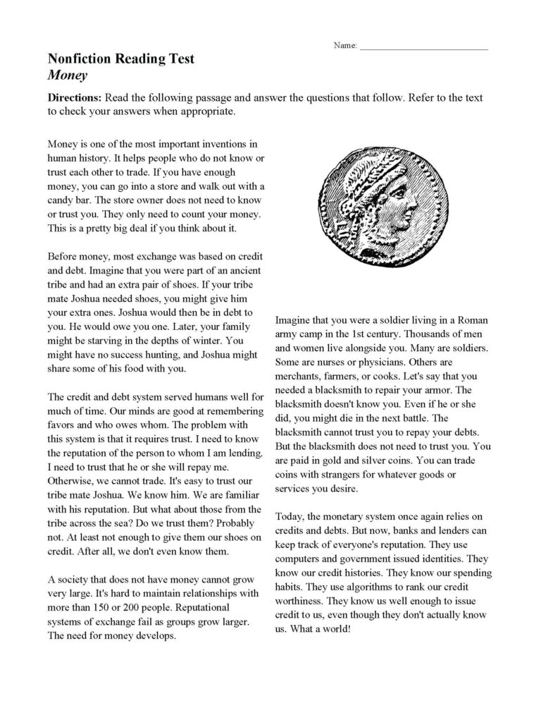 Money Nonfiction Reading Activity