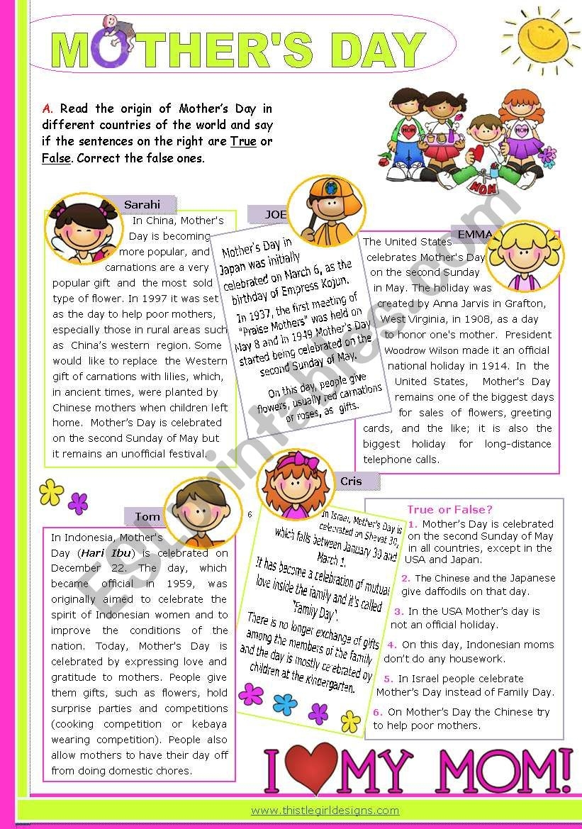 Mother s Day Around The World Reading Comprehension ESL Worksheet By Mena22