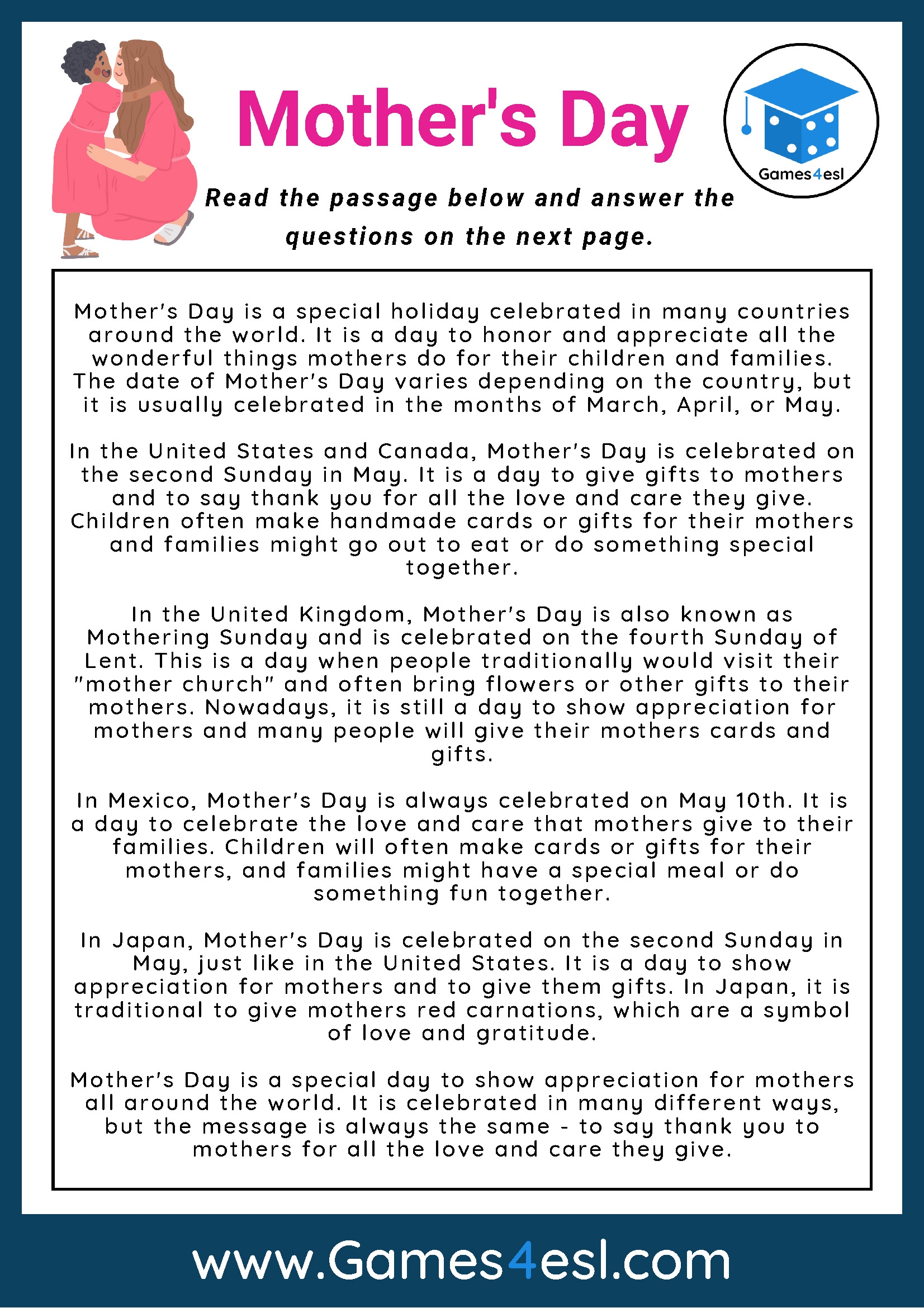 Mother s Day Reading Comprehension Worksheet Games4esl