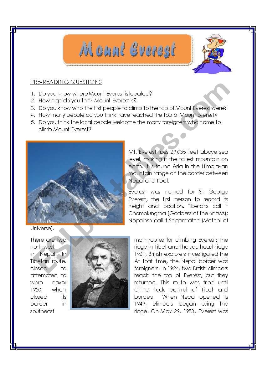 Mount Everest Reading Comprehension ESL Worksheet By Zhlebor