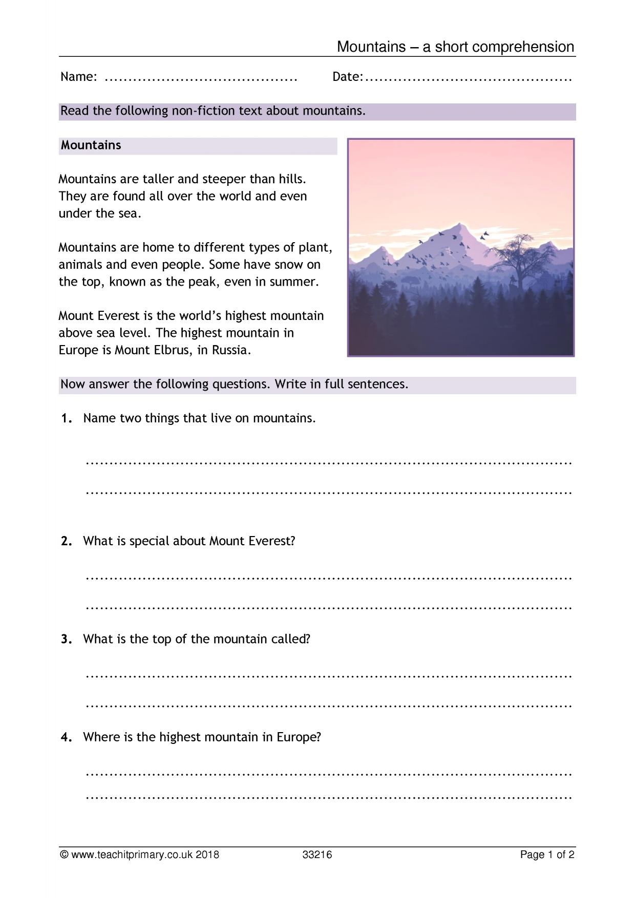 Mount Everest Reading Comprehension Worksheet