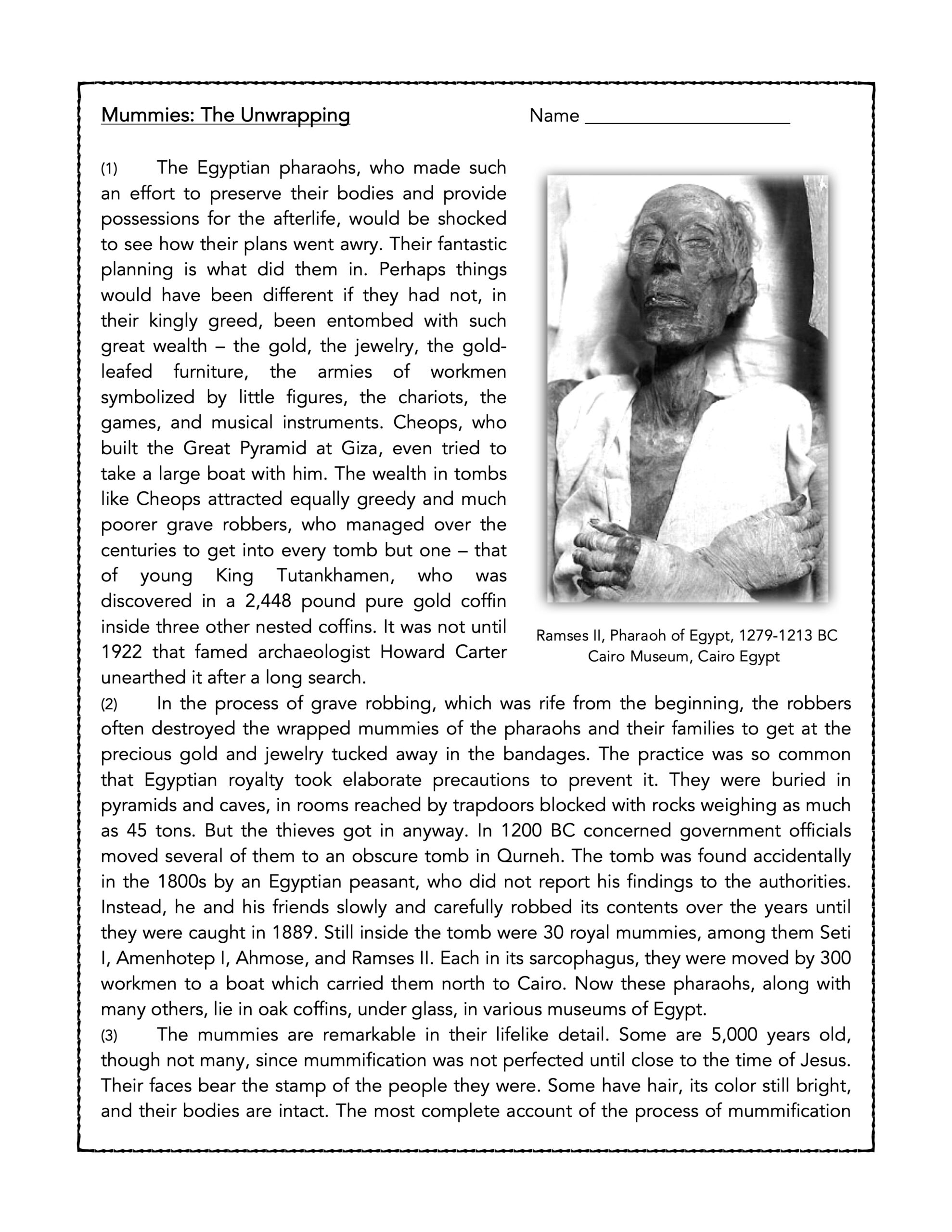 Mummification Reading Comprehension Worksheet