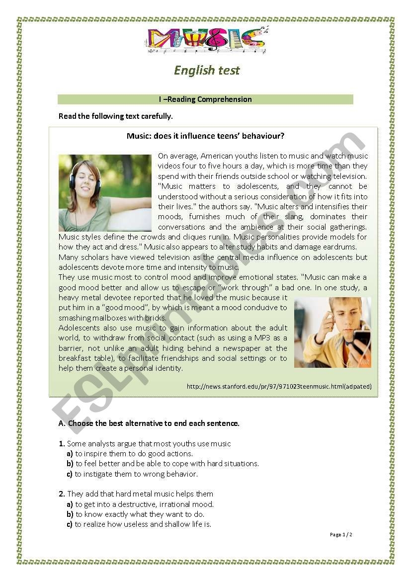 Music For Reading Comprehension Worksheets