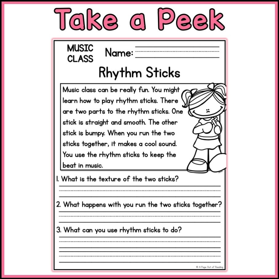 Music Class Reading Comprehension Passages And Questions Back To School Science Printable Worksheets Etsy