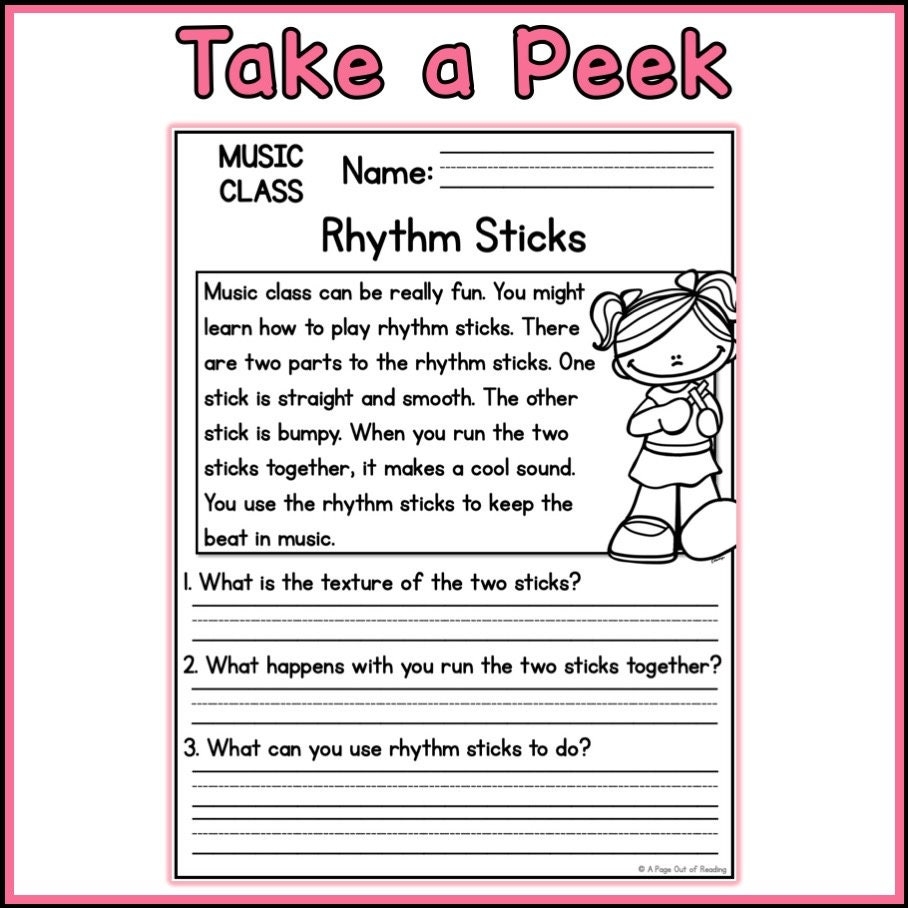 Music Class Reading Comprehension Passages And Questions Back To School Science Printable Worksheets Etsy