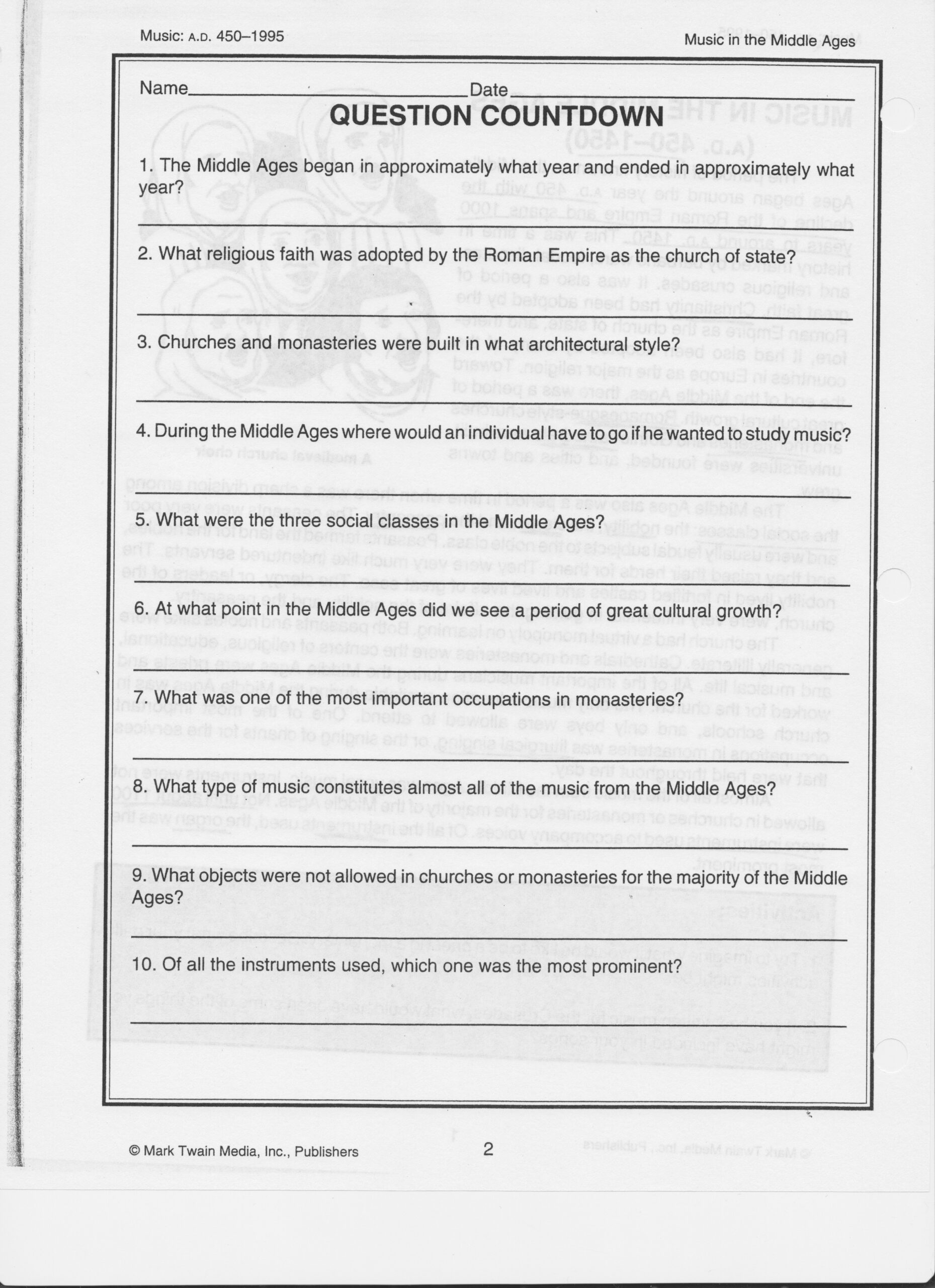 Music Reading Comprehension Worksheets 6th Grade