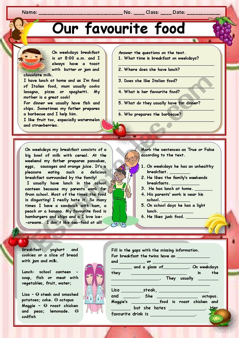 MY FAVOURITE FOOD Reading Comprehension ESL Worksheet By Spyworld