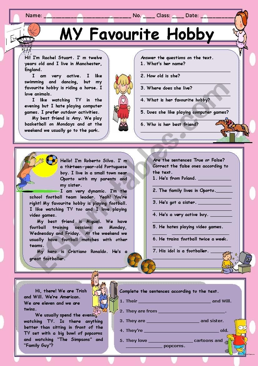 MY FAVOURITE HOBBY Reading Comprehension ESL Worksheet By Spyworld