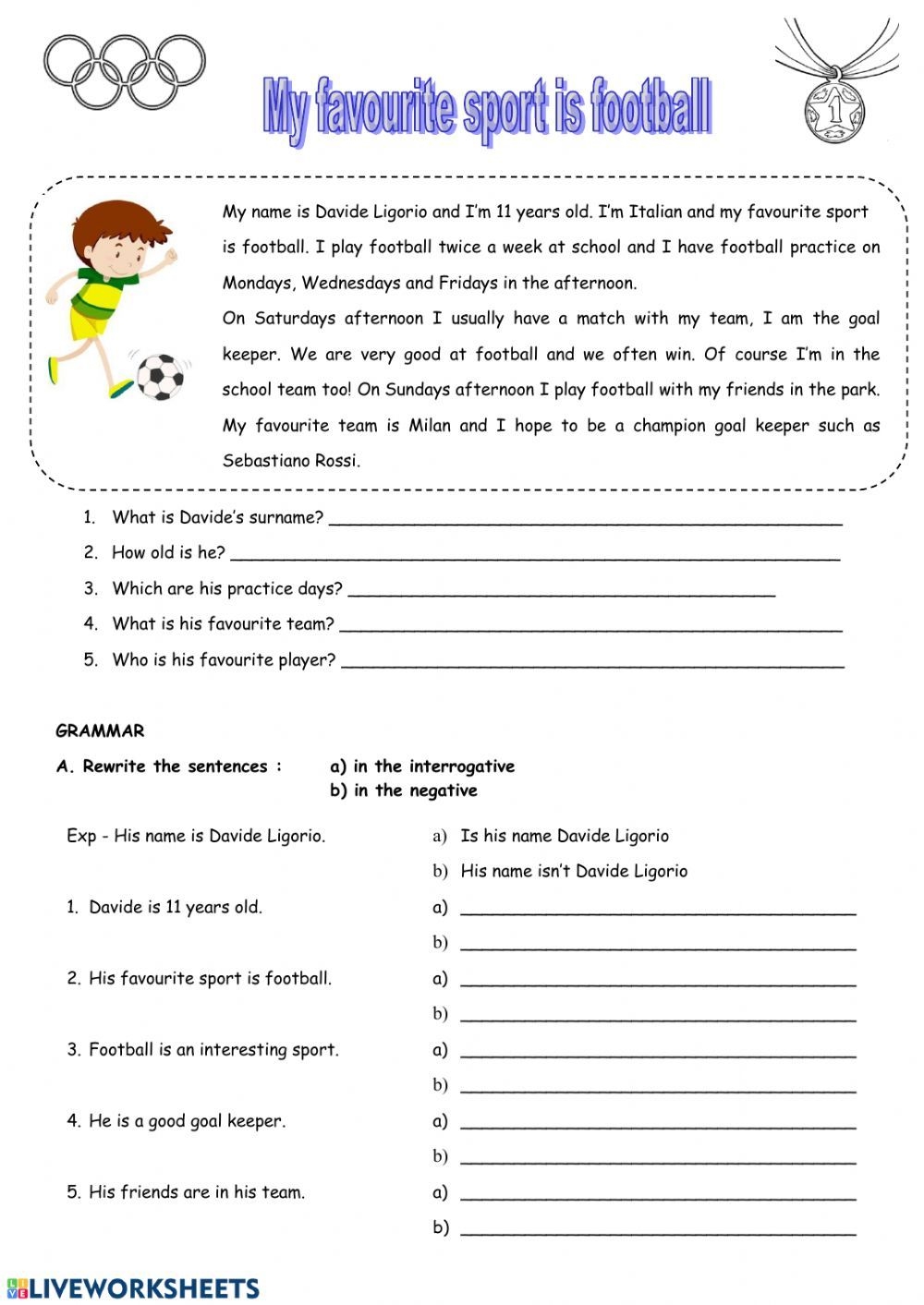 My Favourite Sport Is Football Interactive Worksheet Reading Worksheets Library