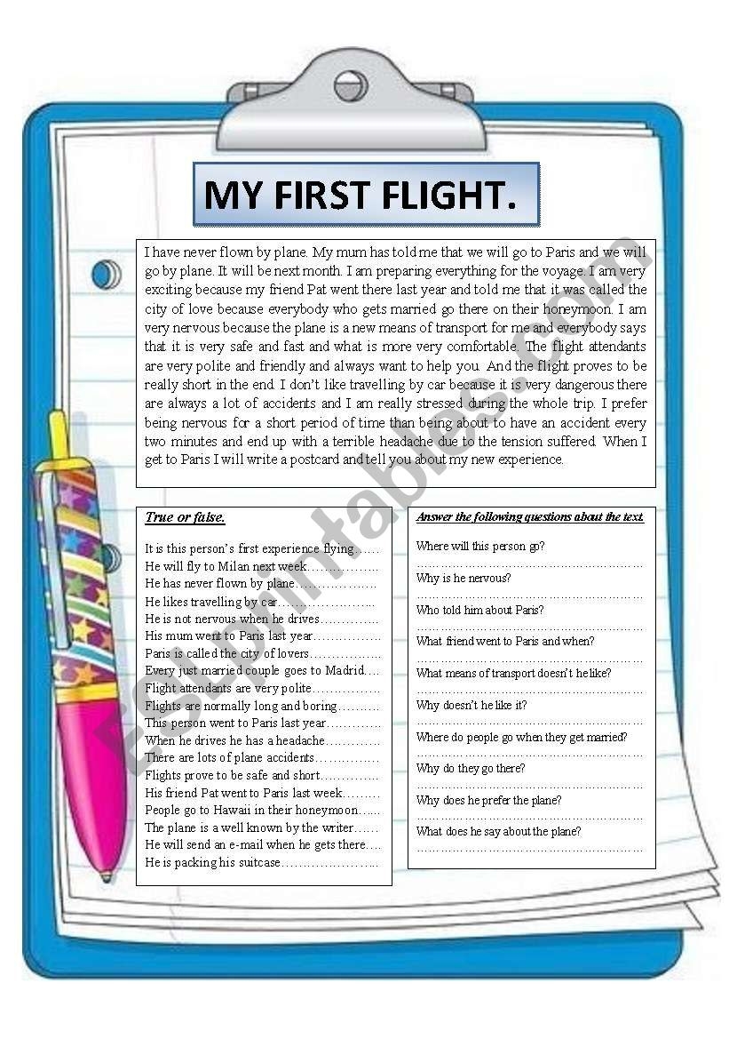 My First Flight Reading Comprehension ESL Worksheet By Montseteacher