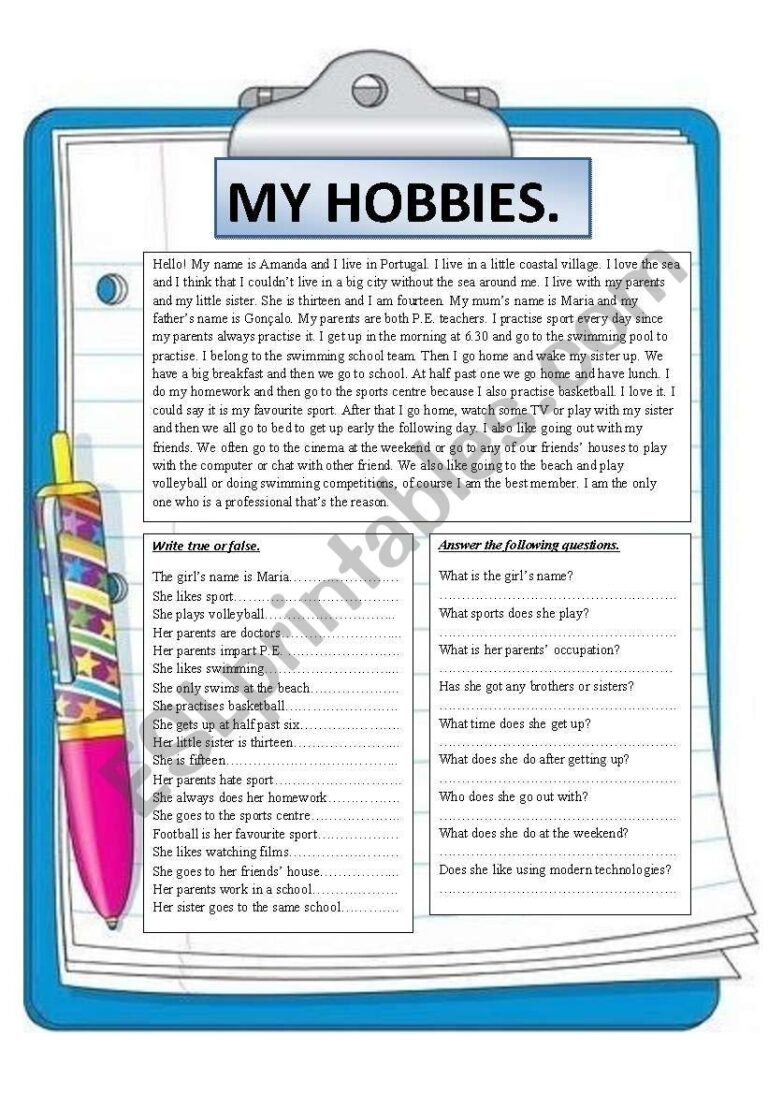 My Hobbies Reading Comprehension ESL Worksheet By Montseteacher