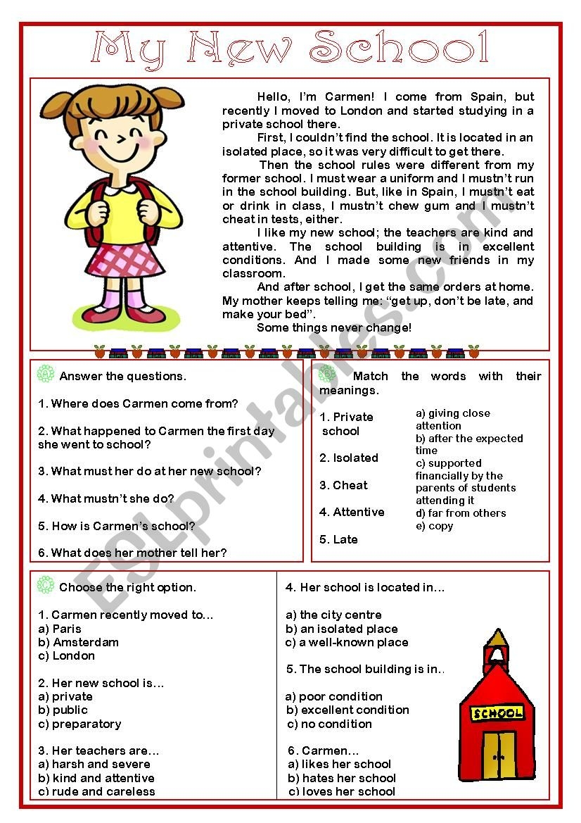 My New School Reading Comprehension ESL Worksheet By Sarasantos