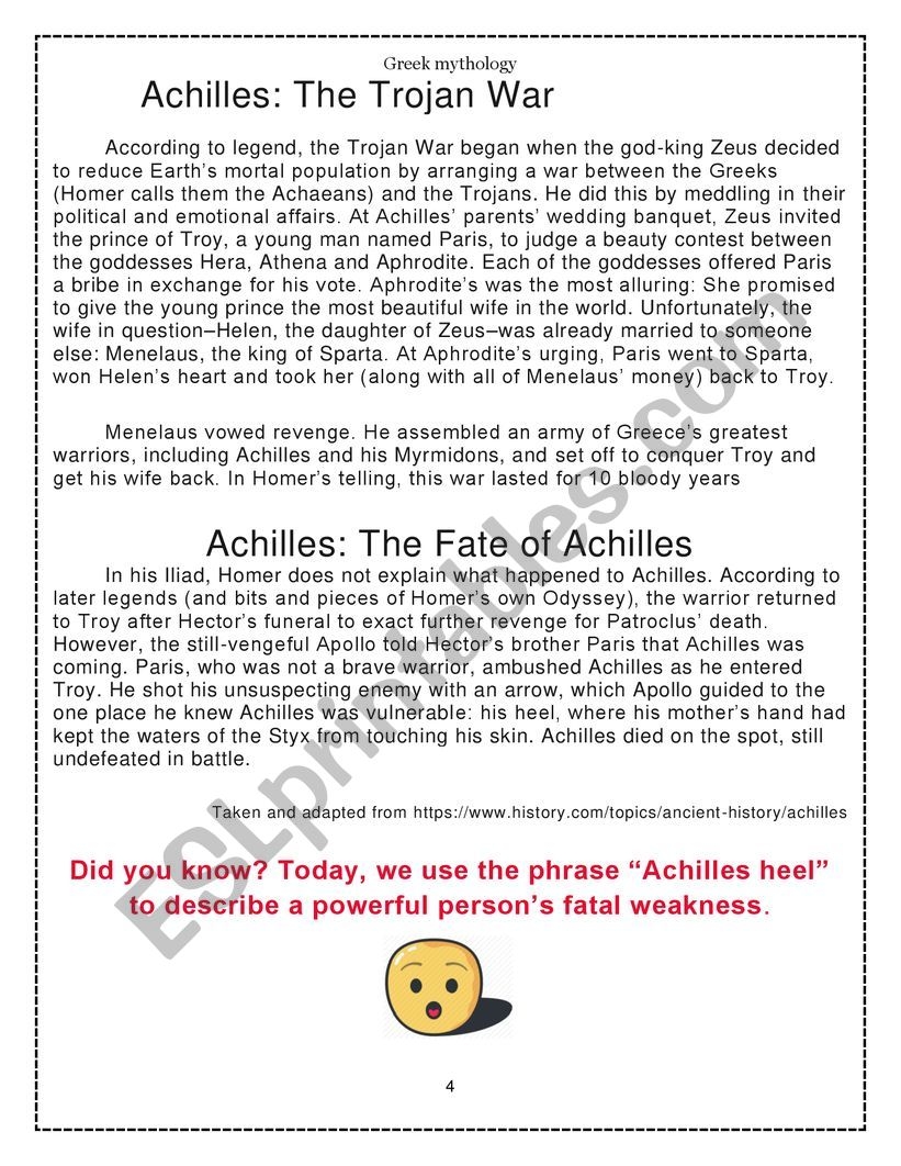 Myths Literature 2 Achilles ESL Worksheet By Andreyadi