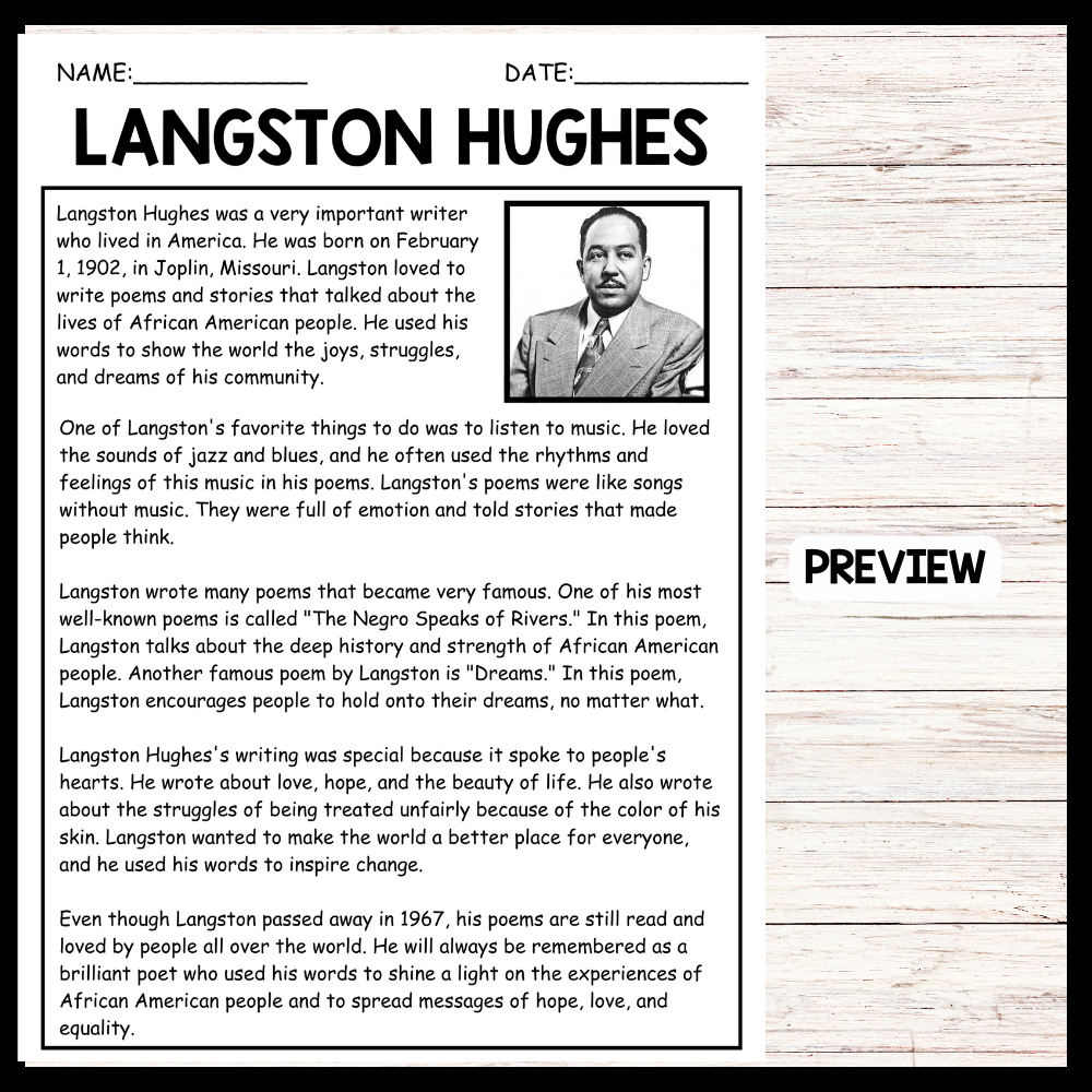 Langston Hughes Reading Comprehension Worksheets