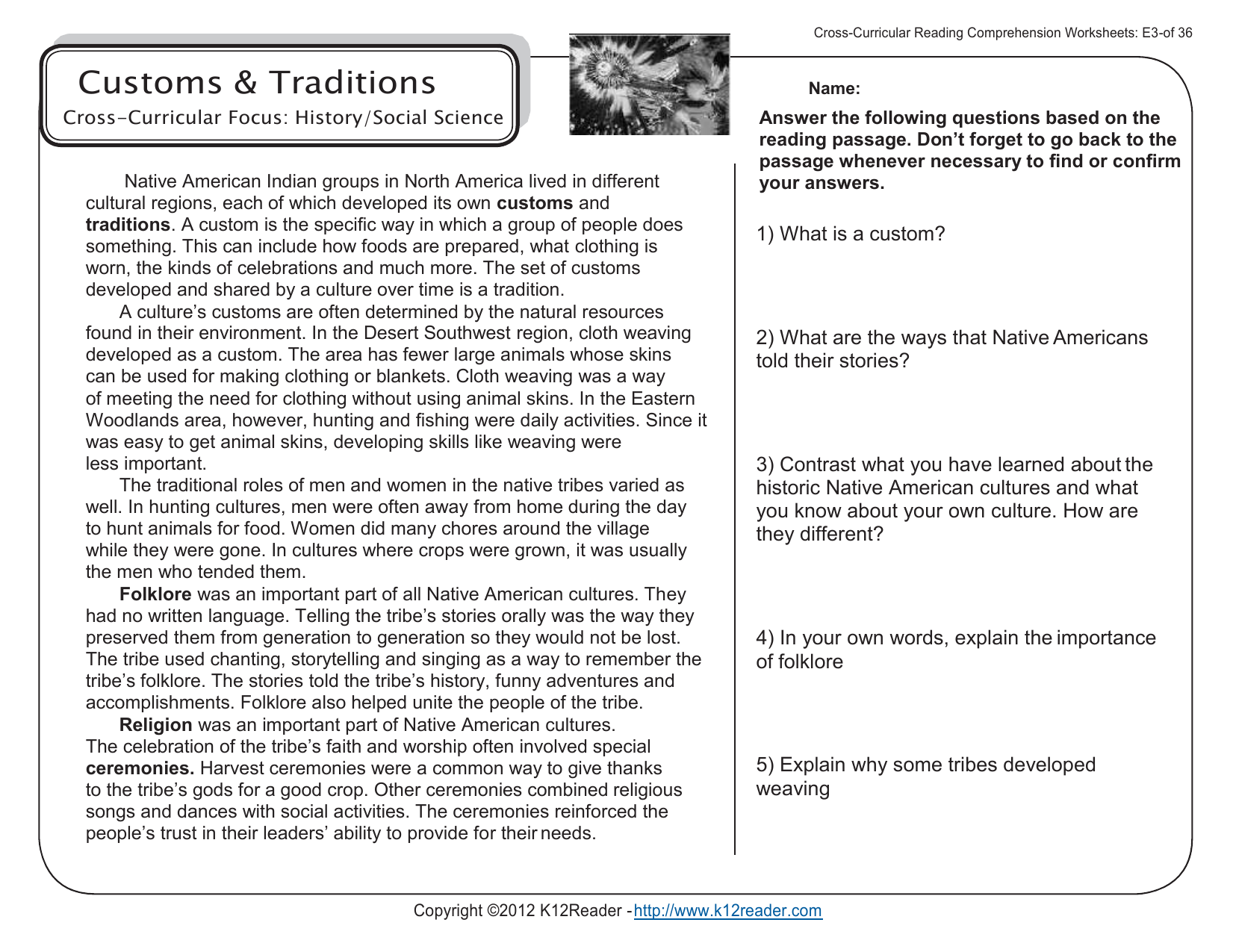 Native American Customs U0026 Traditions Worksheet
