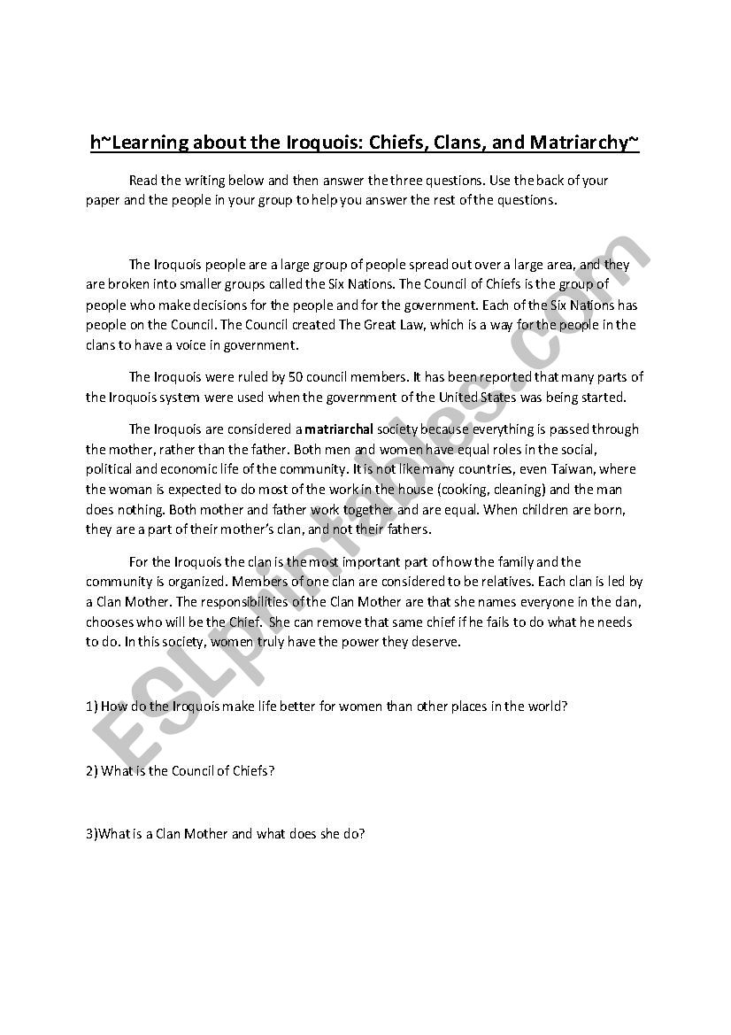 Native American Iroquois Jigsaw Reading ESL Worksheet By KFO1