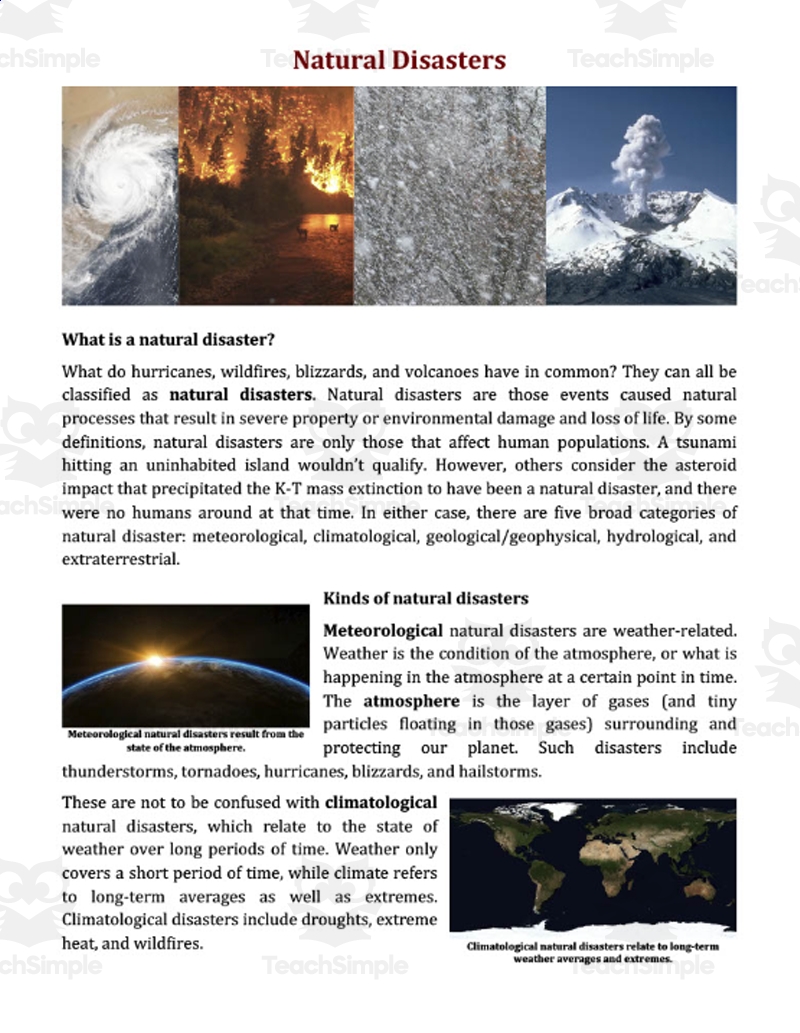 Natural Disasters Reading Comprehension Article Grade 8 And Up