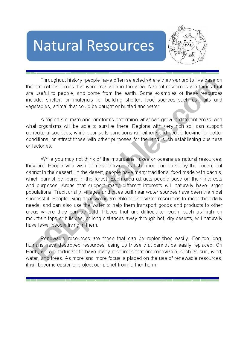 Natural Resources ESL Worksheet By Kinco
