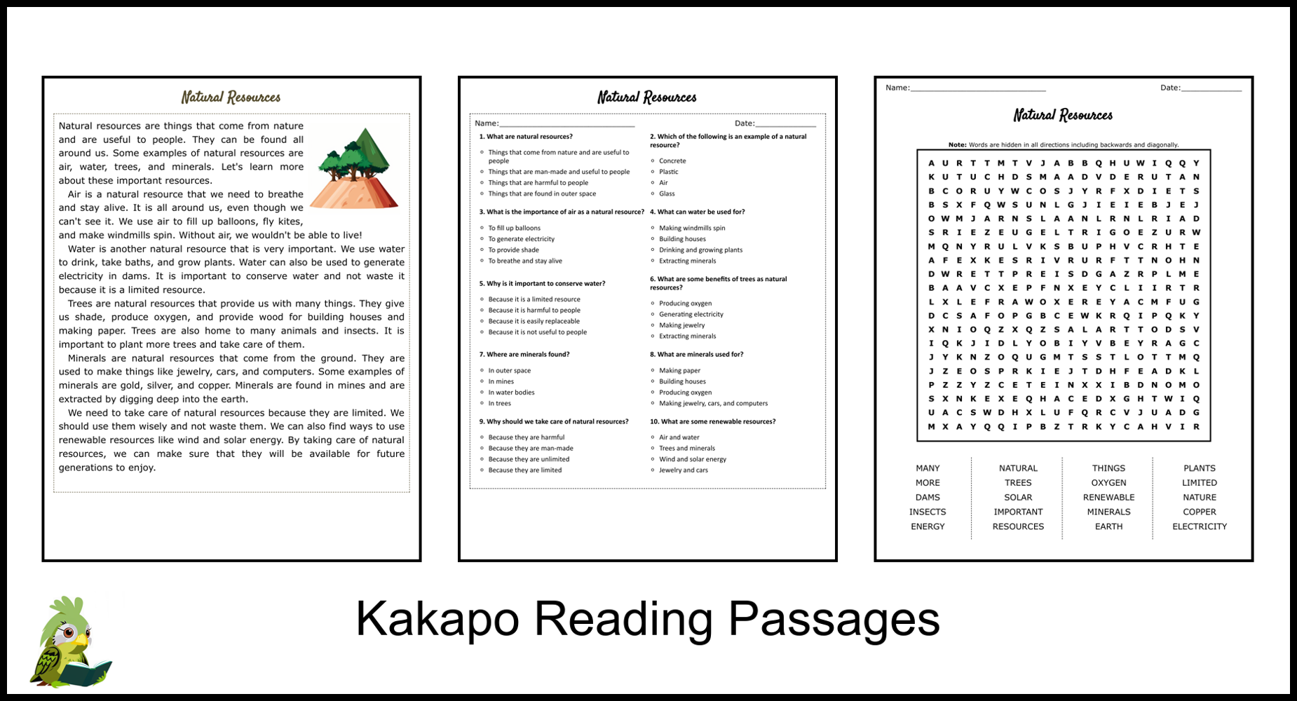 Natural Resources Reading Comprehension And Word Search Teaching Resources