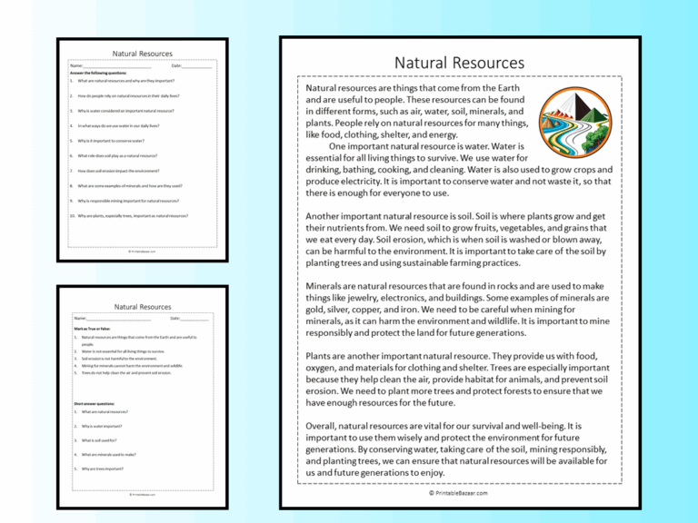Natural Resources Reading Comprehension Passage Printable Worksheet Teaching Resources