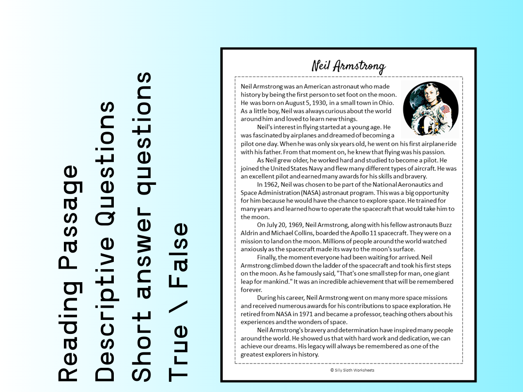 Neil Armstrong Biography Reading Comprehension Passage Printable Worksheet PDF Teaching Resources