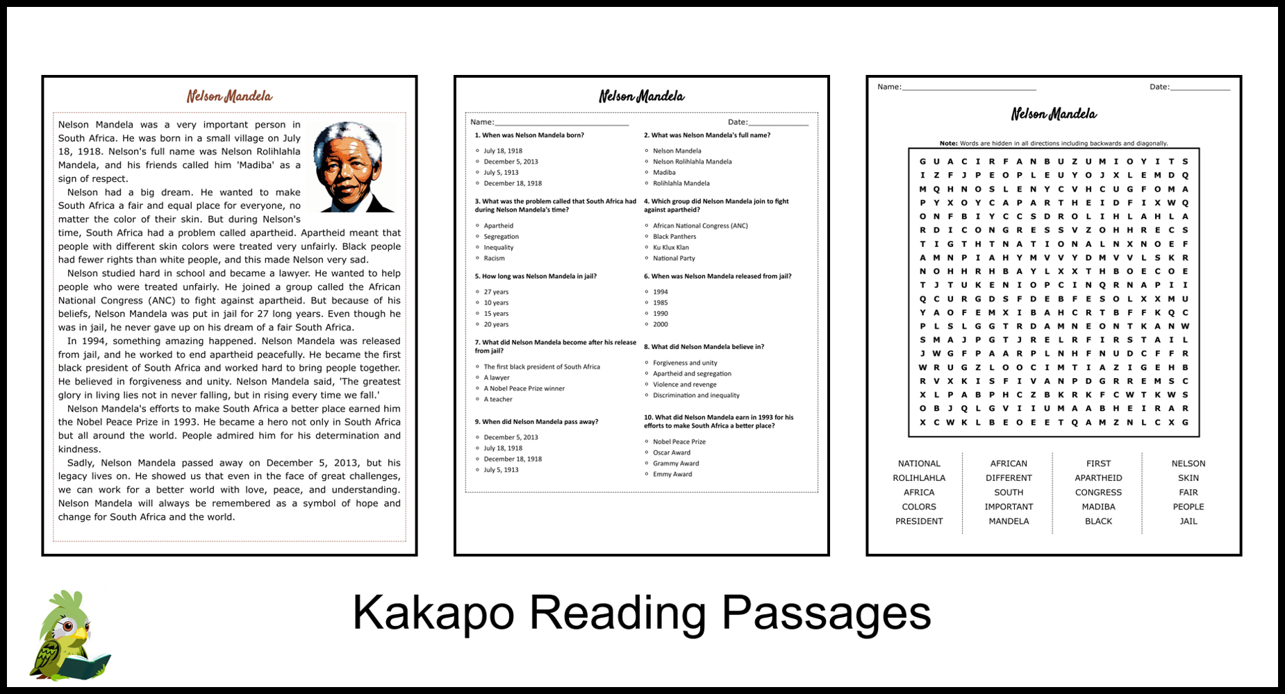 Nelson Mandela Reading Comprehension And Word Search Teaching Resources