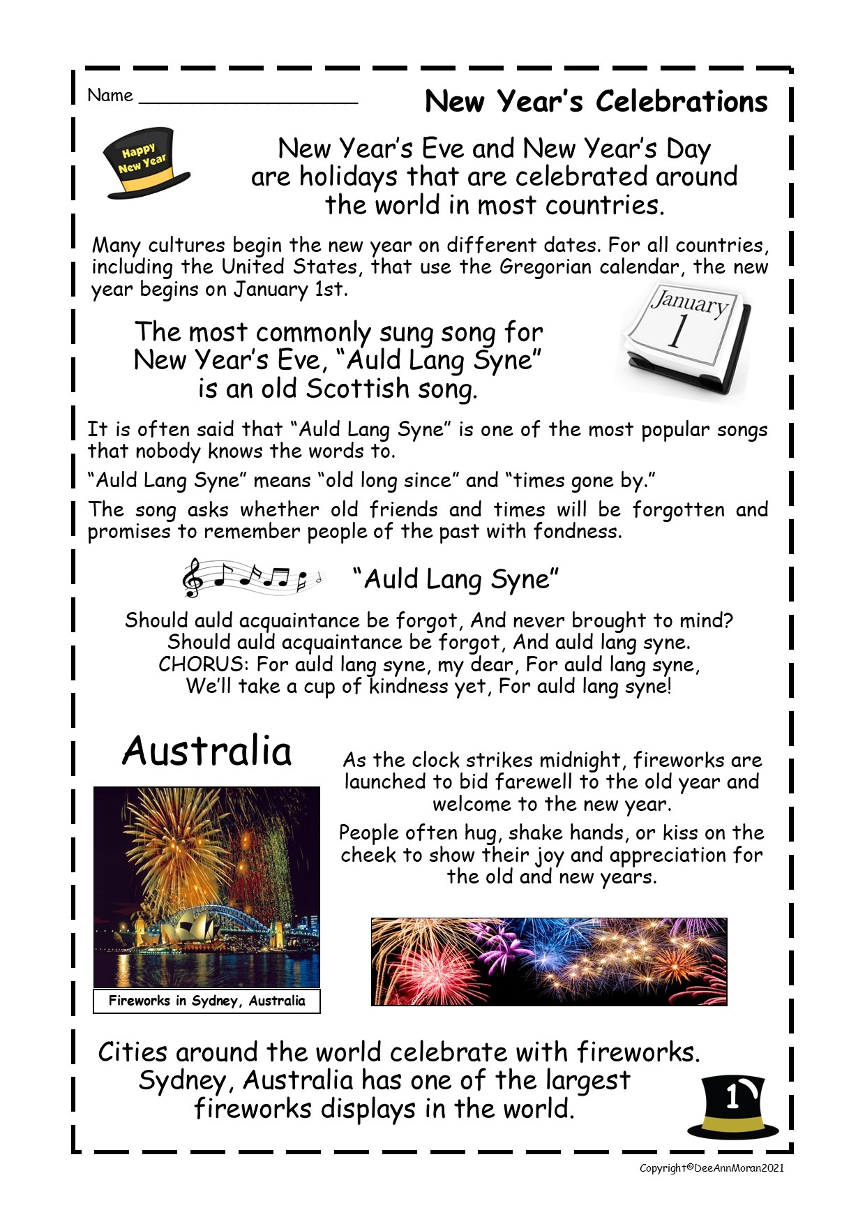 New Year s Celebrations Reading Comprehension Passage Made By Teachers