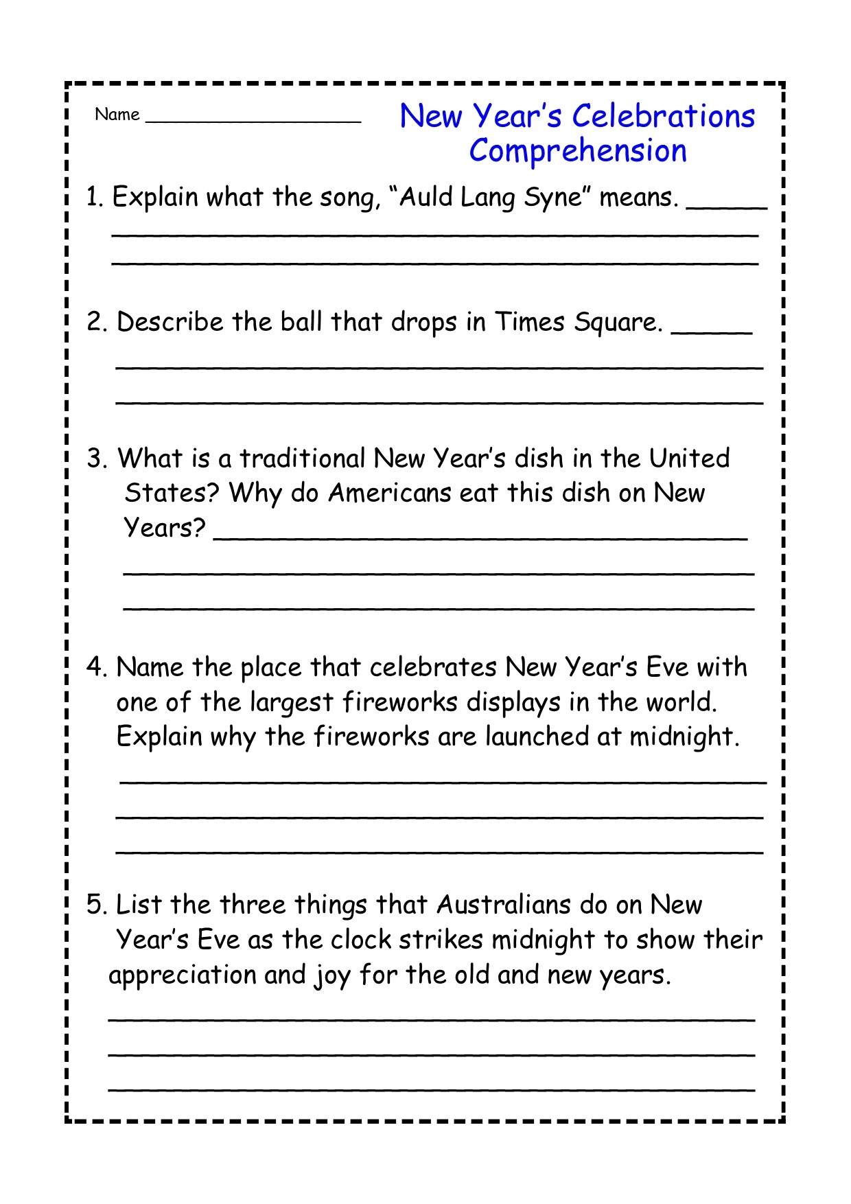 New Year s Celebrations Reading Comprehension Passage Made By Teachers