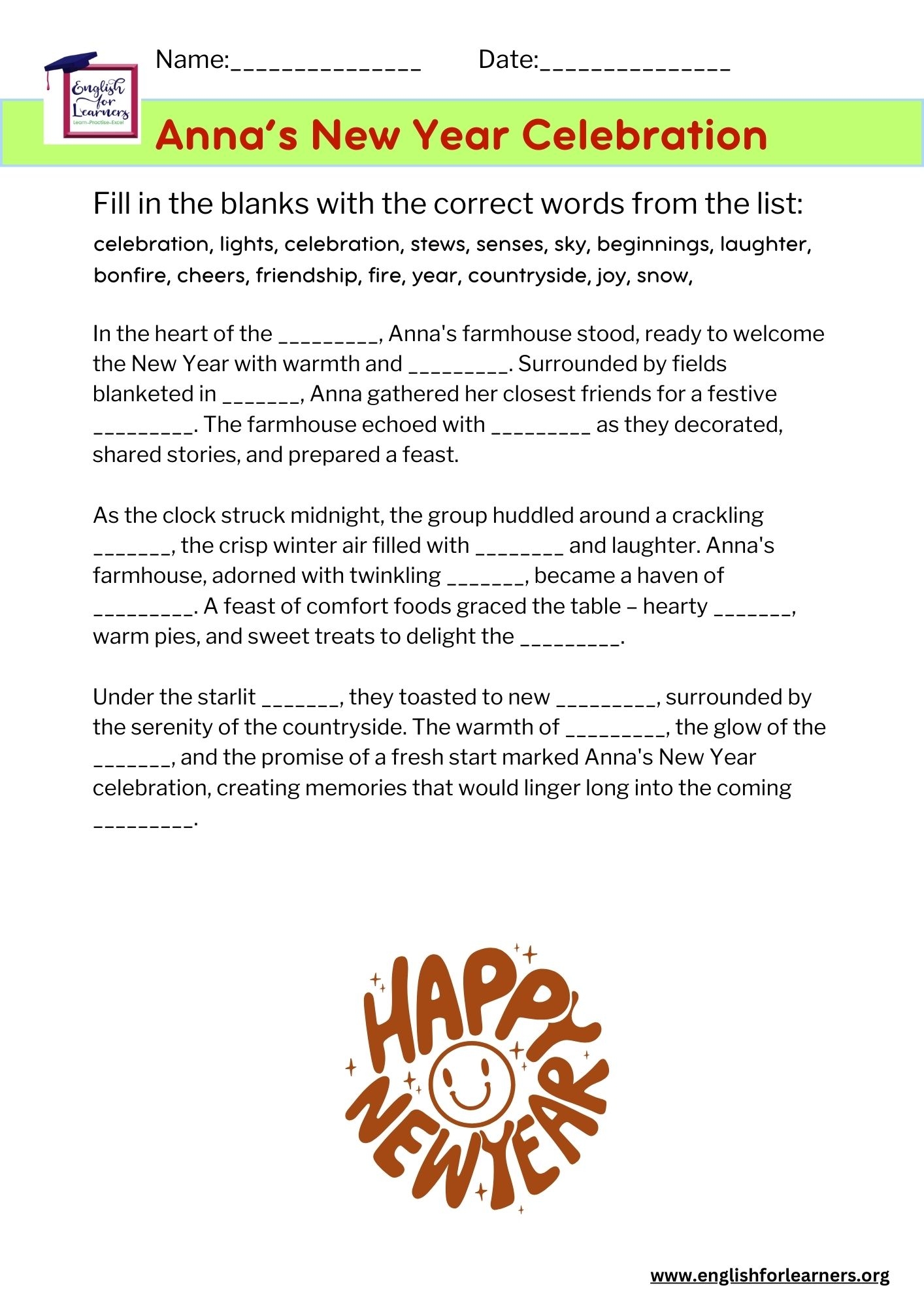 New Years Celebration Reading Comprehension Fill In The Blanks 