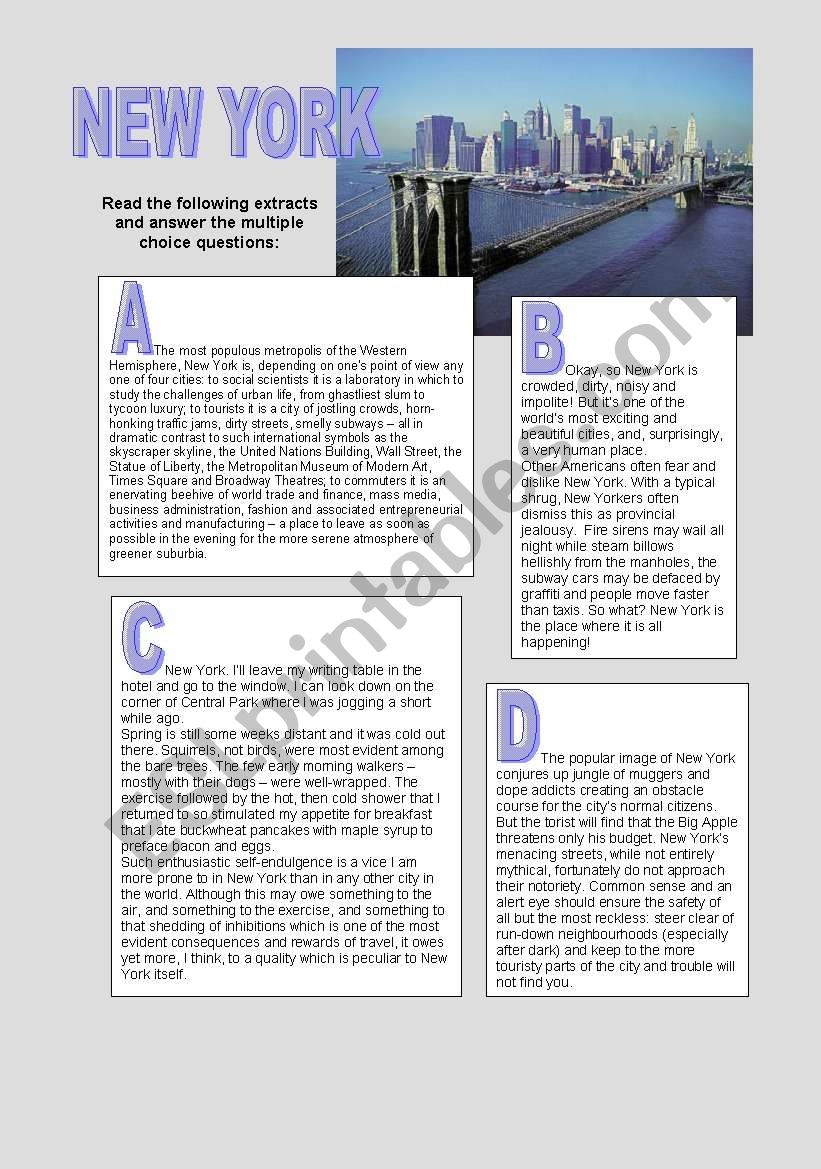 New York City Reading Comprehension ESL Worksheet By Simpson parker
