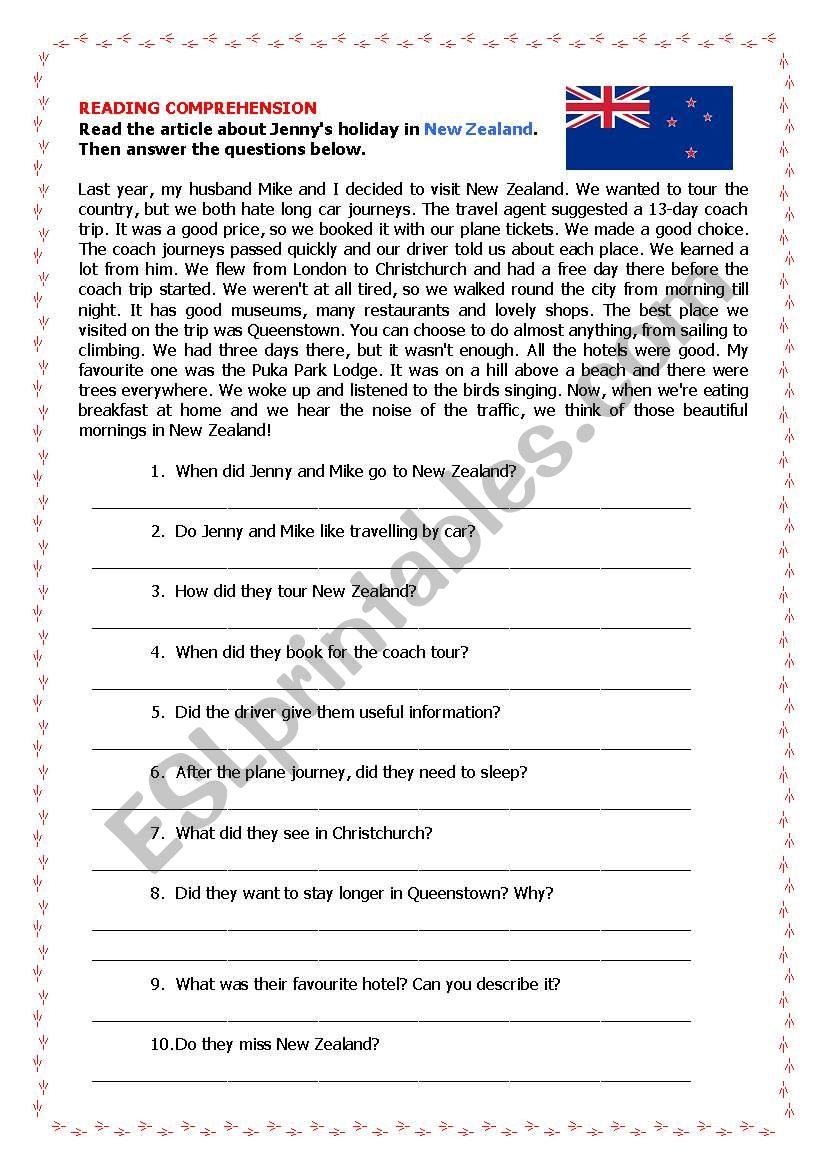 NEW ZEALAND Reading Comprehension ESL Worksheet By Modelena