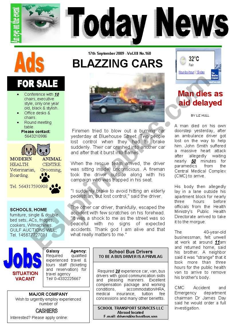 Newspaper Reading Comprehension ESL Worksheet By Ahlam