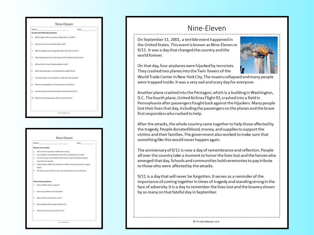 Nine Eleven Reading Comprehension Passage Printable Worksheet Teaching Resources