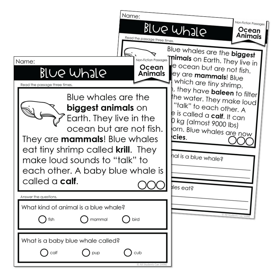 Non Fiction Reading Passages Ocean Animals Blue Whale Lucky Little Learners