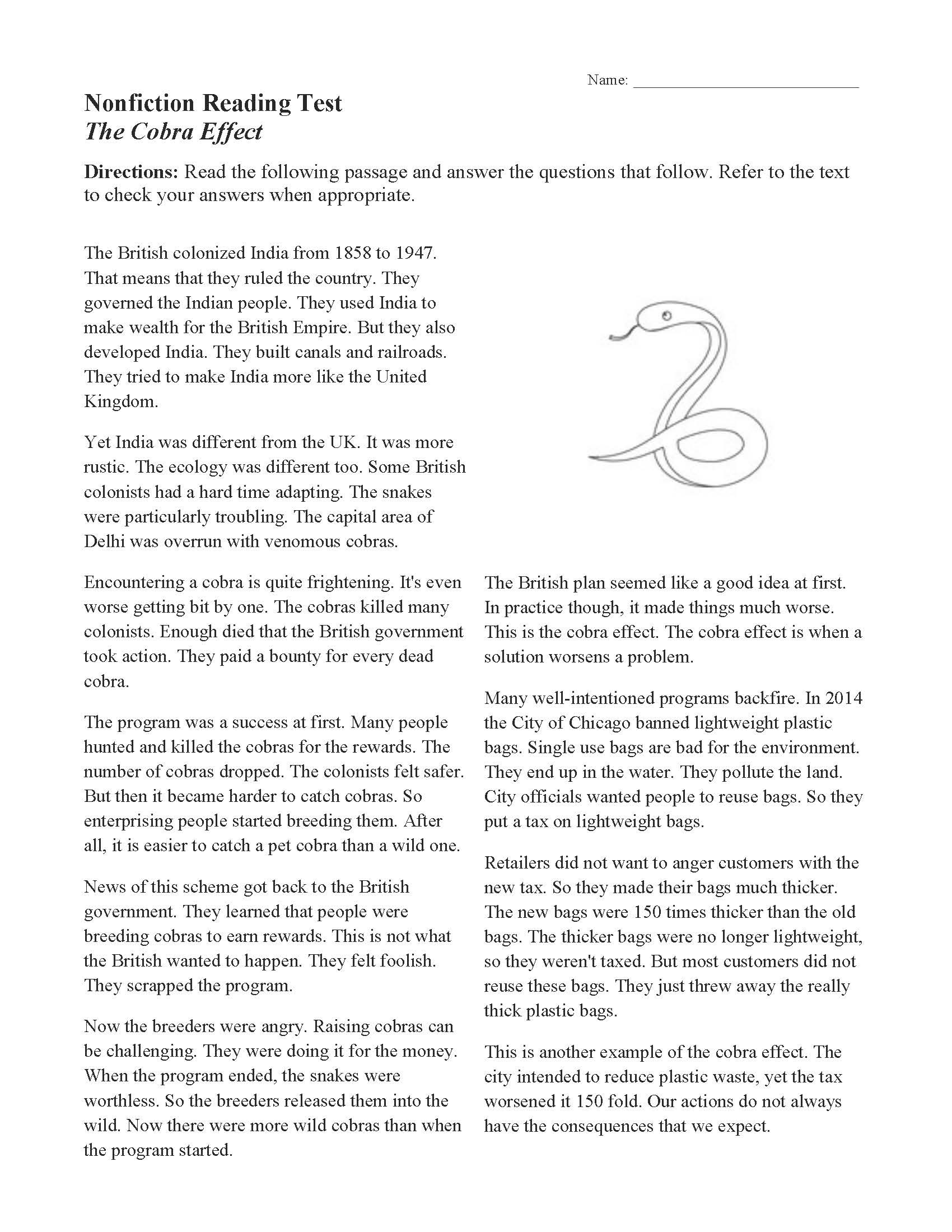 Nonfiction Reading Comprehension Worksheets Middle School