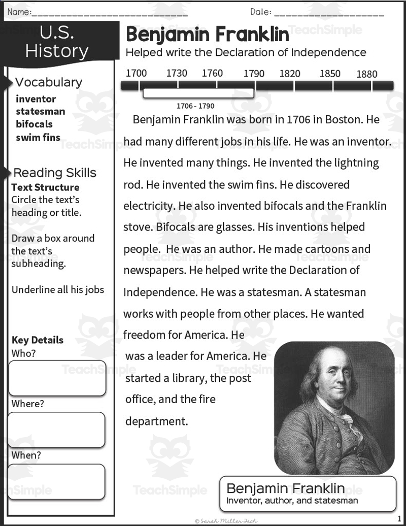 Nonfiction Reading Packet Benjamin Franklin